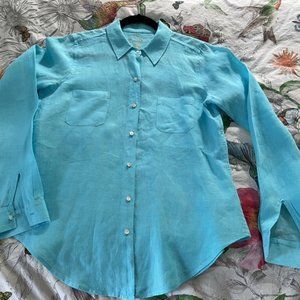 Lilly Pulitzer Sea View Gorgeous Blue Linen Button Down Top Blouse Women's Small